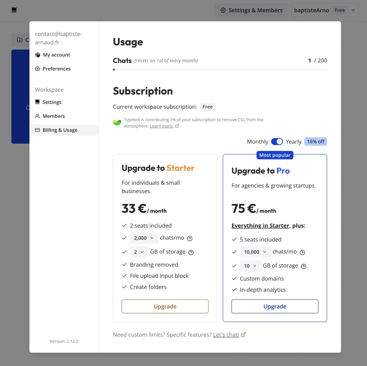 Billing and usage tab